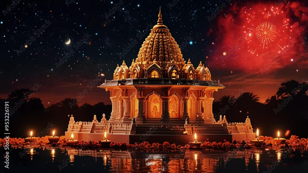 a temple with diwali celebration, smooth looping video 4k.