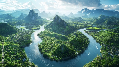 Aerial View of Serene River Winding Through Lush Green Mountains