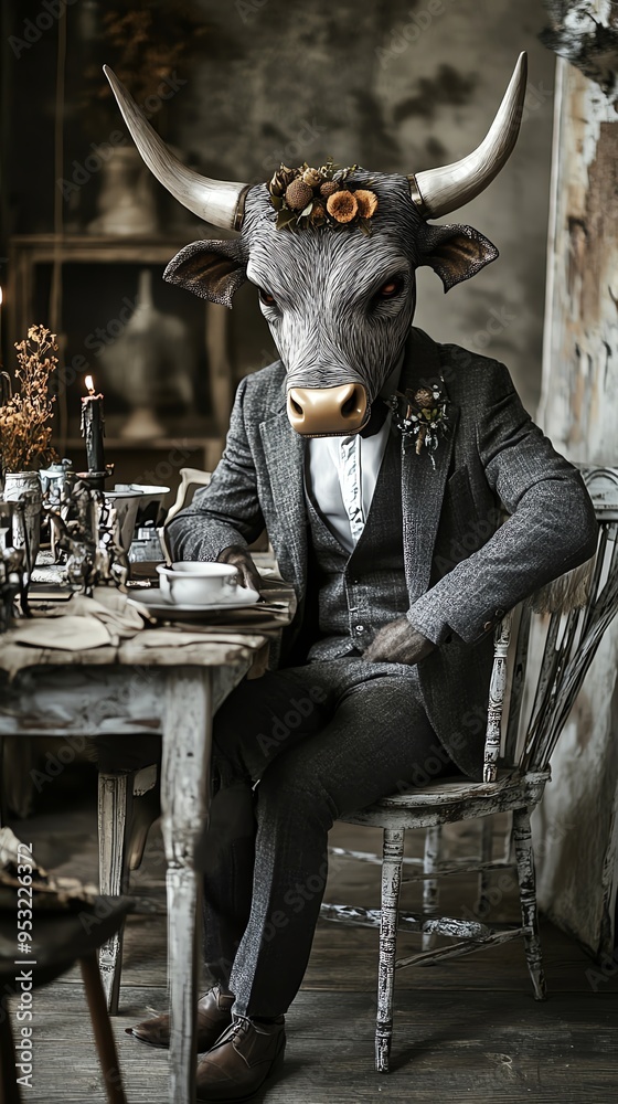A whimsical scene featuring a person with a bull mask dining elegantly at a vintage table, blending fantasy and reality. A whimsical scene featuring a person with a bull mask dining elegantly at a vintage table, blending fantasy and reality.