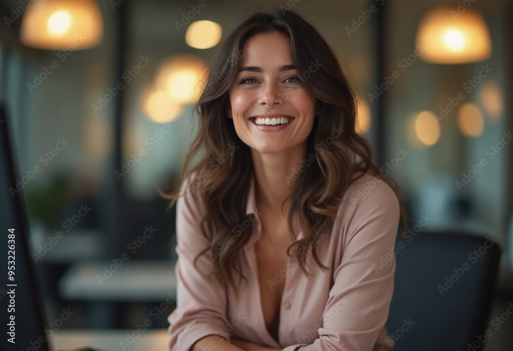 A stunning secretary smiling at you from her desk, beautiful, sexy, confident, playful, deep bokeh blur A stunning secretary smiling at you from her desk, beautiful, sexy, confident, playful, deep bokeh blur