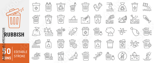 Rubbish line icon set. Containing disposal, landfill, garbage collection, plastic, sorting, contamination icon. Simple line vector.