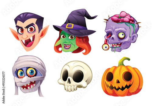 Set of Halloween character faces including vampire, witch, zombie, mummy, skull, and pumpkin. Vector cartoon illustration