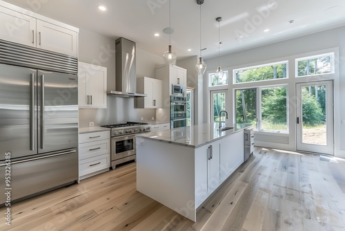 Wallpaper Mural A photo of the kitchen in a modern home with white cabinets, stainless steel appliances and large windows letting in natural light. A sleek island is centered between two shiny silver refrigerators  Torontodigital.ca