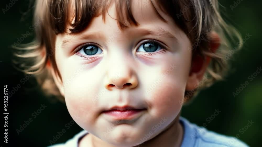 Toddler with big blue eyes showcases a range of funny and adorable facial expressions, radiating joy and playfulness in a charming closeup portrait