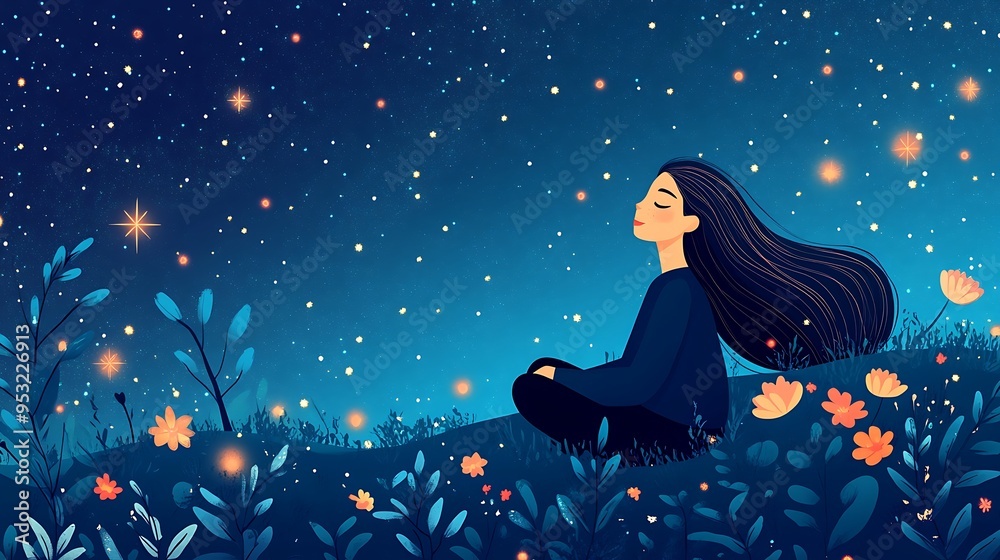 Serene Woman Meditating under Starry Night Sky - Calm and Reflective Illustration of Female in Nature Serene Woman Meditating under Starry Night Sky - Calm and Reflective Illustration of Female in Nature