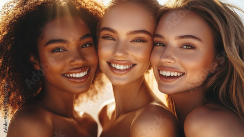 Late Thirties Multiethnic Women with Curly Hair and Golden-Brown Skin, Posing in Natural Light Outdoors, Smiling and Highlighting Their Faces