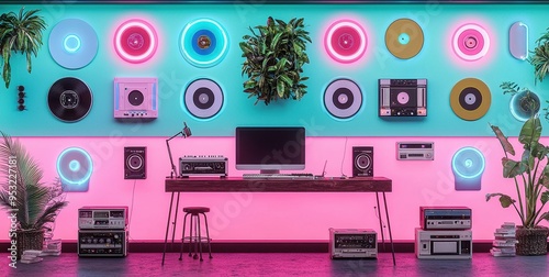 Retro   s Neon Room with Vintage Audio Equipment and Plants photo