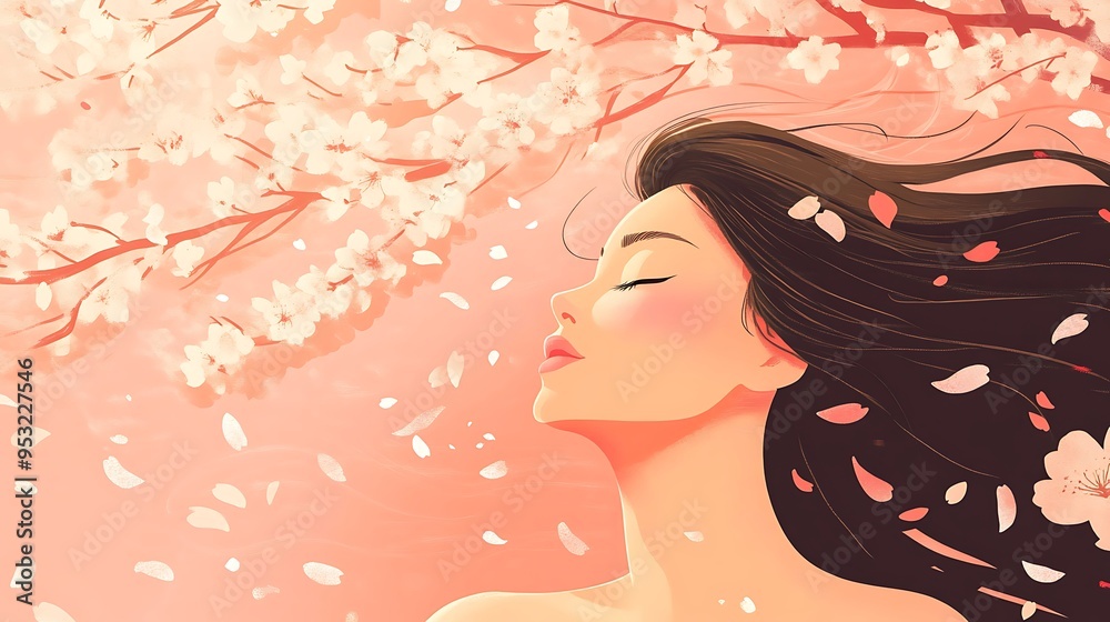 Serene Woman Dancing Under Cherry Blossoms - Graceful Illustration of a Woman Twirling in a Pink Floral Paradise Amid Falling Petals Serene Woman Dancing Under Cherry Blossoms - Graceful Illustration of a Woman Twirling in a Pink Floral Paradise Amid Falling Petals