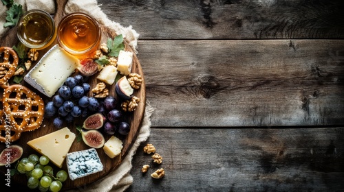 Cheese and accompaniments on wooden board.