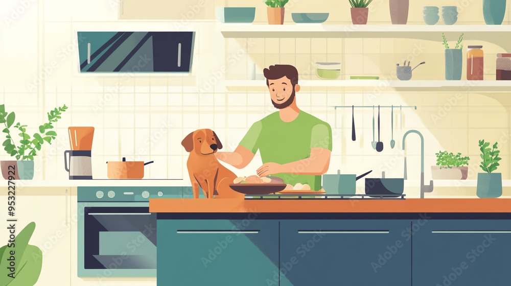 A man cooks in a modern kitchen while his dog watches happily in the bright afternoon sunlight A man cooks in a modern kitchen while his dog watches happily in the bright afternoon sunlight