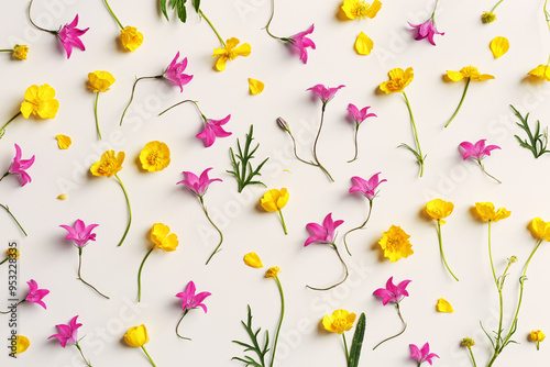 Wallpaper Mural Minimal floral pattern of field flowers, top view Yellow purple flower, green leaf on beige background, spring summer season concept, creative flat lay beauty nature, wild blooms, florals design Torontodigital.ca
