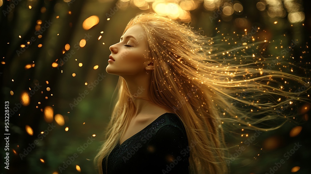 Serene Woman in Black Dress, Standing in Enchanted Forest with Glowing Particles in Hair Serene Woman in Black Dress, Standing in Enchanted Forest with Glowing Particles in Hair