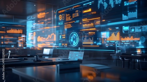 Futuristic Office with Digital Interface and Data Visualization