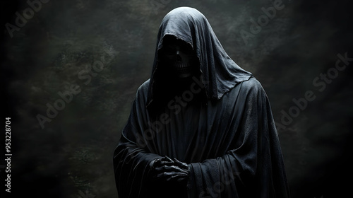 A skeletal figure in a blac...