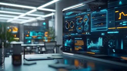 Wallpaper Mural Futuristic Office with Large Monitor Displaying Data Torontodigital.ca