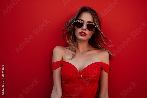 Beautiful woman in a red dress and sunglasses posing on a red background, minimalism, copy space concept, stock photo