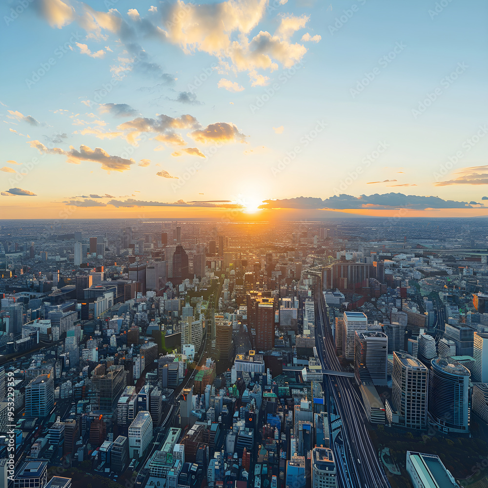 Fototapeta premium The urban jungle of tokyo is bathed in the warm glow of the setting sun, creating a captivating view of the city's skyline