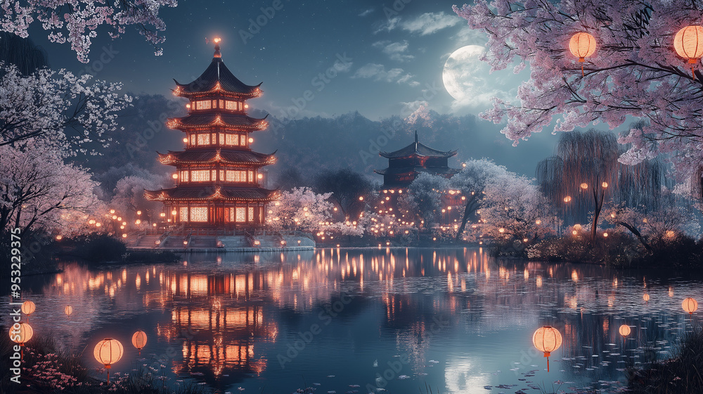 Obraz premium a night scene, chinese pagoda near river water, in a full moon night, Chinese new year