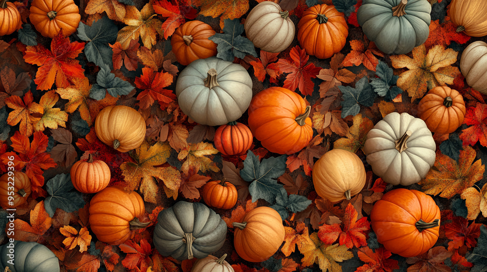 Autumn harvest featuring a variety of pumpkins and colorful leaves captured in a festive arrangement during the fall season Autumn harvest featuring a variety of pumpkins and colorful leaves captured in a festive arrangement during the fall season