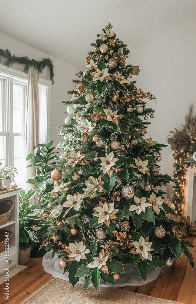 Christmas tree in the living room decorated in a botanical theme Christmas tree in the living room decorated in a botanical theme