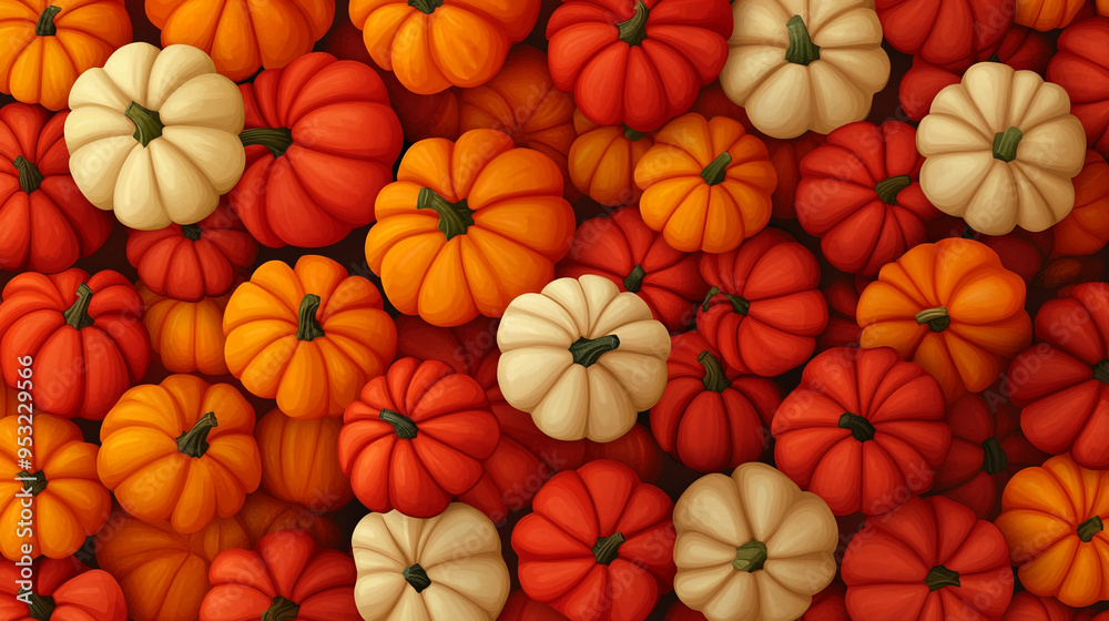 A vibrant display of various pumpkins in orange, white, and red hues at a festive autumn market in October A vibrant display of various pumpkins in orange, white, and red hues at a festive autumn market in October