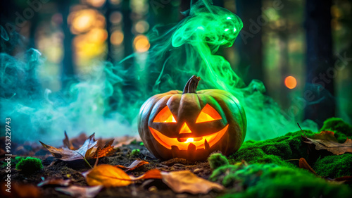 Spooky Jack-O'-Lantern In A Mystical Forest. photo