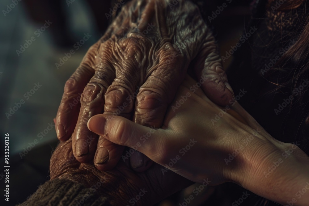 Fototapeta premium A close-up shot of a person's hand gently holding the hand of an elderly individual