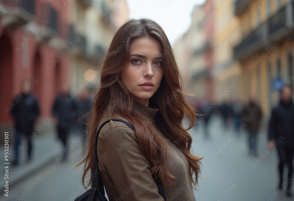 Beautiful young woman with brown hair with street background Beautiful young woman with brown hair with street background