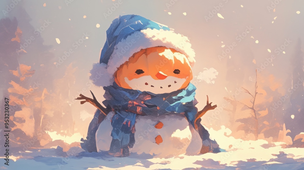 Whimsical Winter Character with Pumpkin Head in Snowman Costume Whimsical Winter Character with Pumpkin Head in Snowman Costume