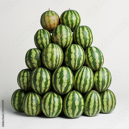 watermelons arranged or stacked, front view.