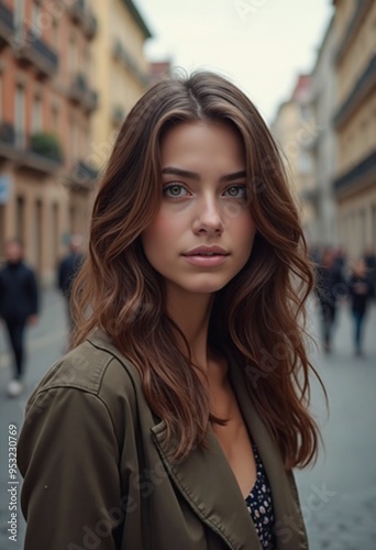 Beautiful young woman with brown hair with street background