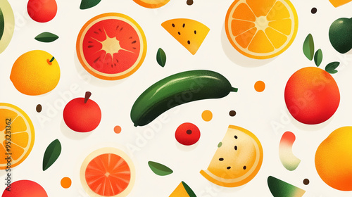 Colorful arrangement of fresh fruits and vegetables with vibrant patterns against a light background