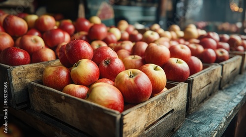 Fresh Red Apples in Wooden Crates at a Local Market