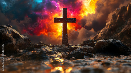 A stone cross stands tall a...