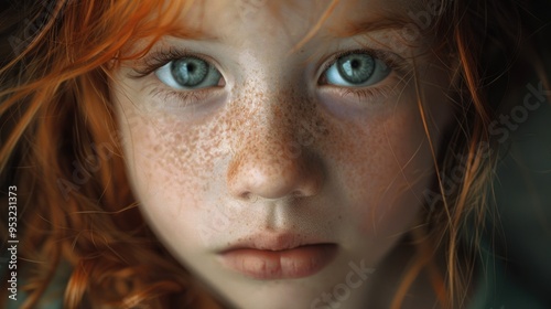 Close-up portrait of a young girl with freckles on her face