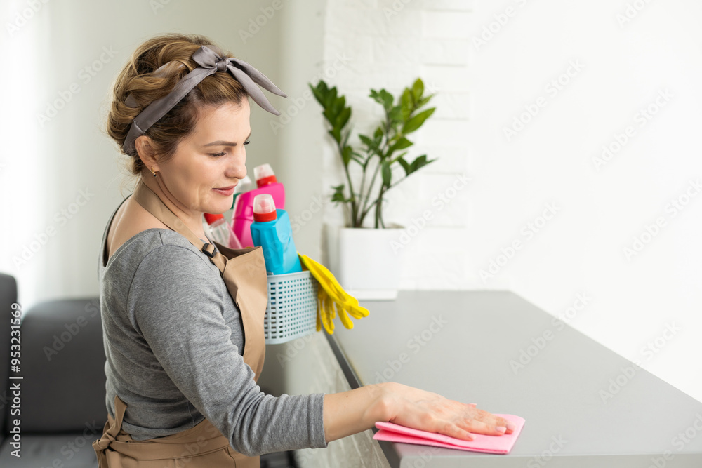 Weekend homework. Young pretty woman cleans in cozy living room at home. A beautiful woman in home clothes and rubber gloves in a bright room. Weekend homework. Young pretty woman cleans in cozy living room at home. A beautiful woman in home clothes and rubber gloves in a bright room.