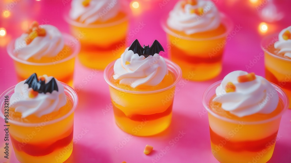Halloween candy corn parfaits with whipped cream and bat toppers Halloween candy corn parfaits with whipped cream and bat toppers
