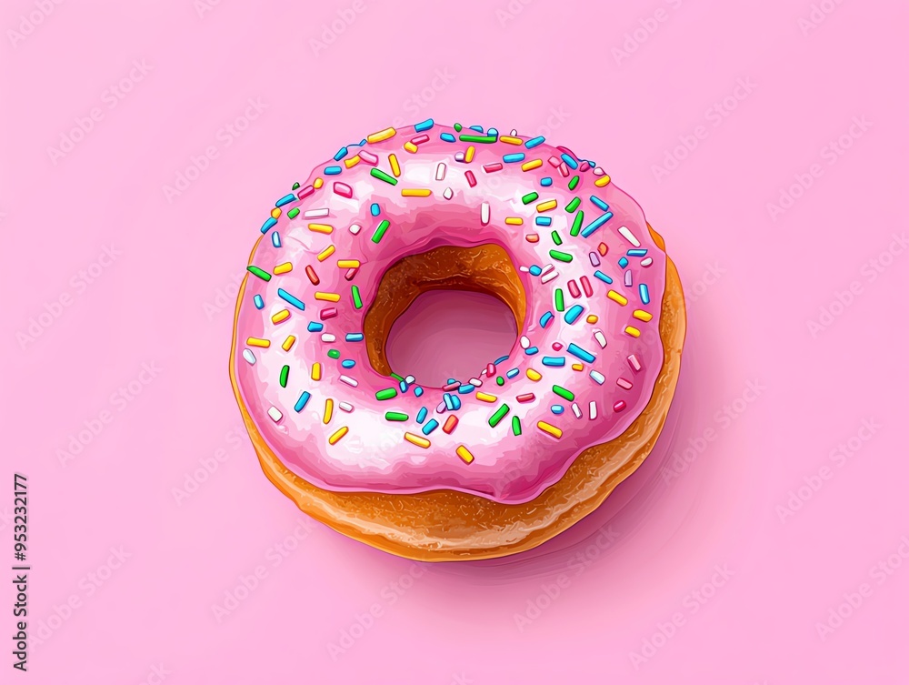 Delicious pink glazed donut with colorful sprinkles on a pastel pink background, perfect for food or dessert-themed projects. Delicious pink glazed donut with colorful sprinkles on a pastel pink background, perfect for food or dessert-themed projects.