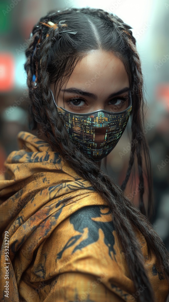 Futuristic beauty: girl adorned digital holographic mask, traditional fabrics, futuristic materials, set against bustling, tech-filled cityscape, merging pop surrealism, cyberpunk fashion elements. Futuristic beauty: girl adorned digital holographic mask, traditional fabrics, futuristic materials, set against bustling, tech-filled cityscape, merging pop surrealism, cyberpunk fashion elements.