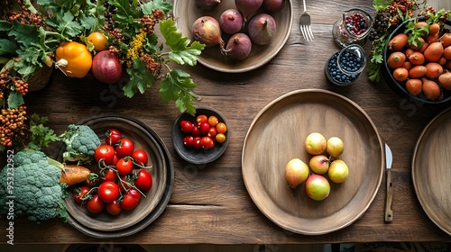 A table set with freshly harvested vegetables and rustic wooden plates