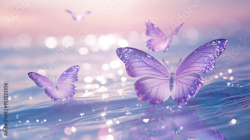 glittery purple butterflies and ethereal sea waves background. shimmering reflections and pink pastel aesthetic, detailed high resolution photo