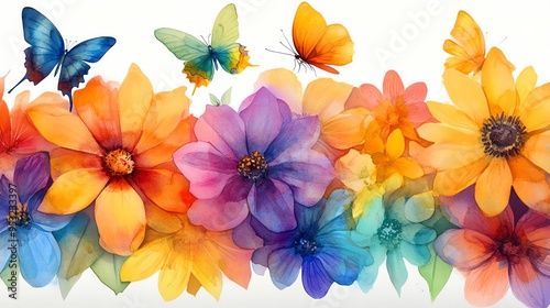 Vibrant watercolor flowers with colorful butterflies, perfect for nature-themed artistic designs and backgrounds.
