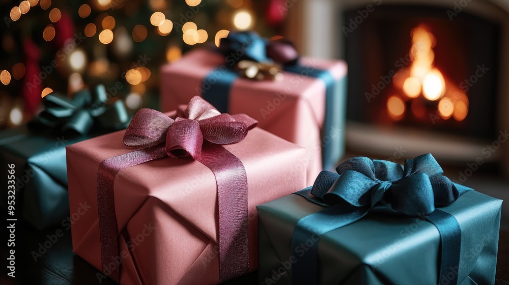 Vibrant Holiday Gift Boxes with Ribbons by a Cozy Fireplace and Twinkling Christmas Tree Vibrant Holiday Gift Boxes with Ribbons by a Cozy Fireplace and Twinkling Christmas Tree