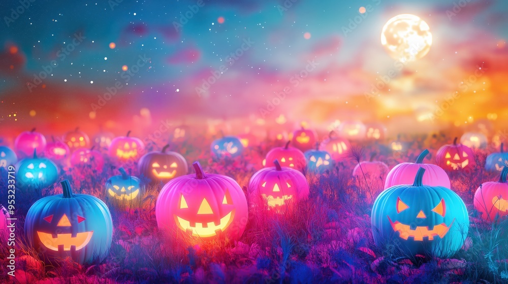 Magical glowing pumpkins in a surreal fantasy Halloween landscape Magical glowing pumpkins in a surreal fantasy Halloween landscape