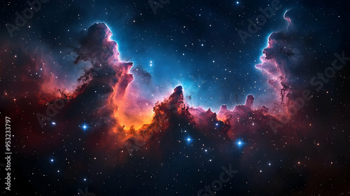 A vibrant nebula with red, ...