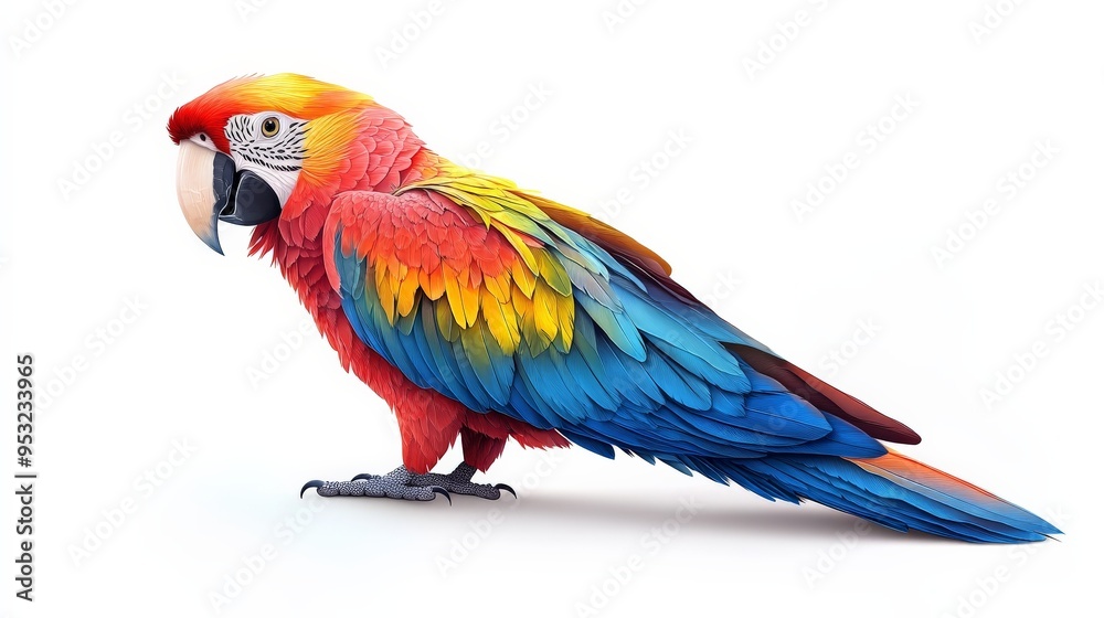 Obraz premium Scarlet Macaw Majesty: A full-body portrait of a vibrant Scarlet Macaw, showcasing its magnificent plumage against a clean white backdrop. 