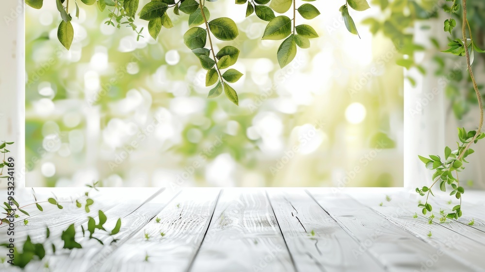 White Wood Table With Green Leaves And Bokeh. White Wood Table With Green Leaves And Bokeh.