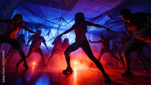 Haunted Halloween dance class with spooky lighting and cobweb decor