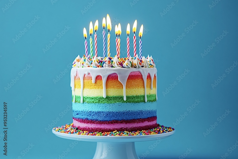Colorful rainbow birthday cake with lit candles is standing on a white ...