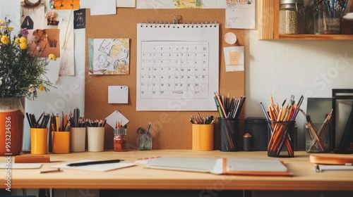 A creative workspace featuring a hand-drawn calendar, various stationery tools, and a motivational quote pinned to a corkboard. photo